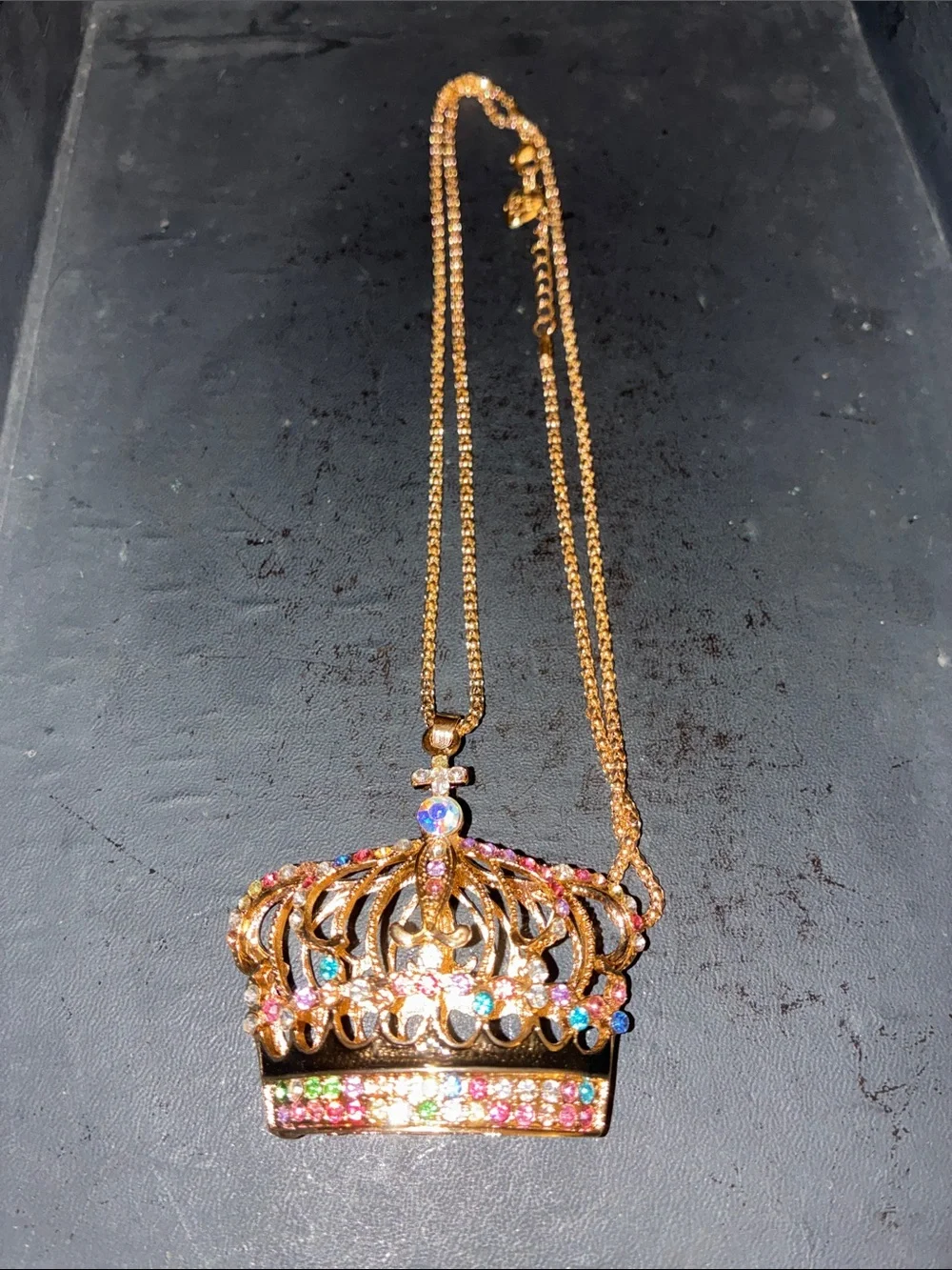Gold Crown Pendant Necklace with Multicolor Crystals